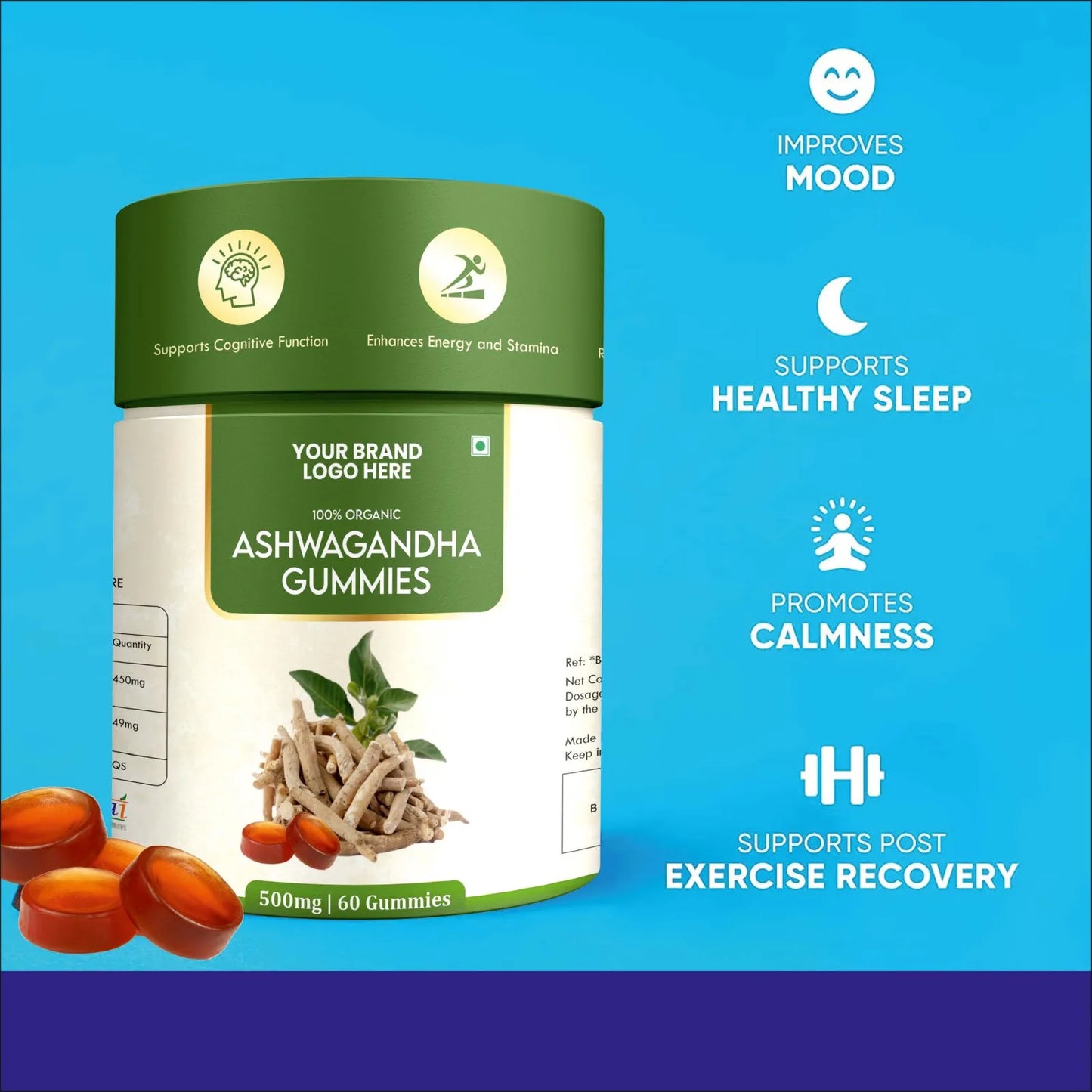 60 Pack Ashwagandha Gummies Cold Pressed Herbal Extract Health Food Grade Bottle Packaging Stress Relief Energy Boost Overall