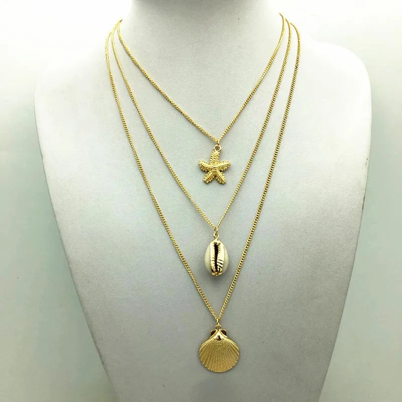 New Design Beach Charm Bohemian Necklace Jewelry Multilayer Gold Chain Conch Shells Starfish Necklace for Women