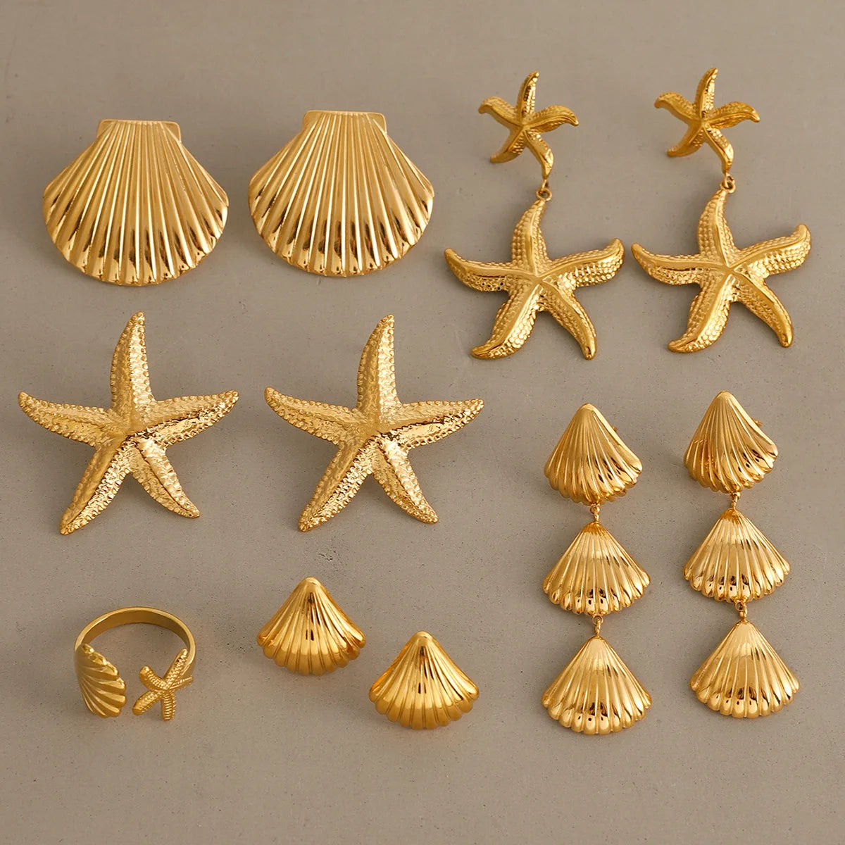New Arrival Summer Design Stainless Steel 18K Gold Earring Textured Shell Starfish Stud Earrings Set