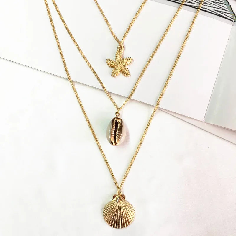 New Design Beach Charm Bohemian Necklace Jewelry Multilayer Gold Chain Conch Shells Starfish Necklace for Women