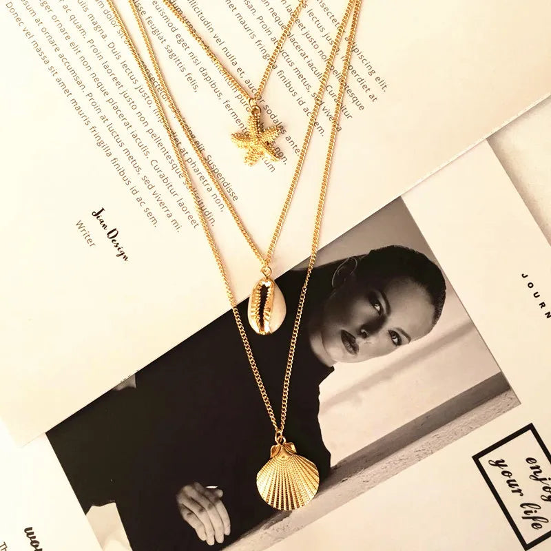 New Design Beach Charm Bohemian Necklace Jewelry Multilayer Gold Chain Conch Shells Starfish Necklace for Women