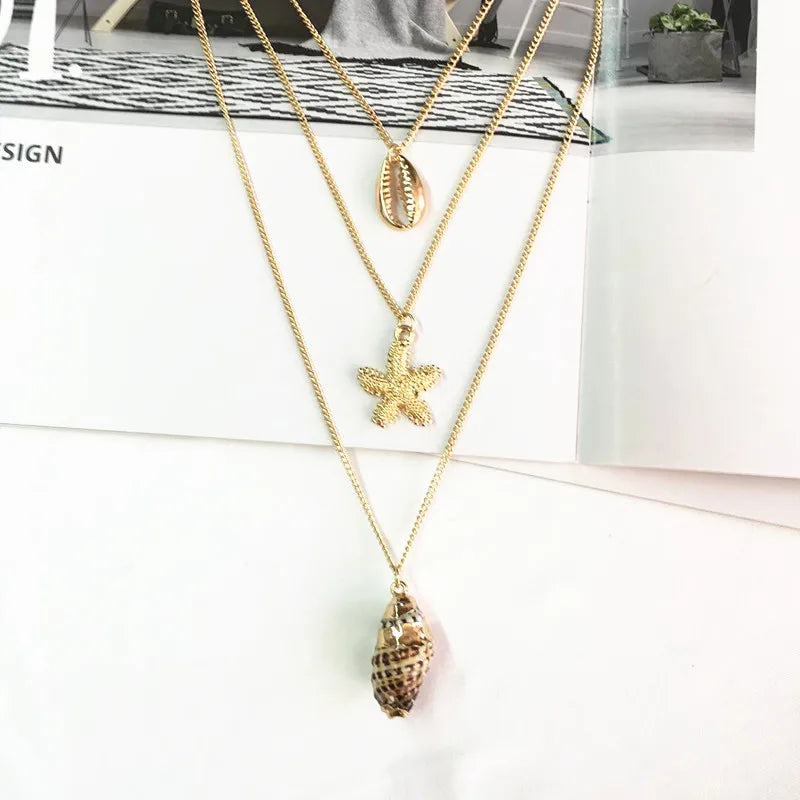 New Design Beach Charm Bohemian Necklace Jewelry Multilayer Gold Chain Conch Shells Starfish Necklace for Women