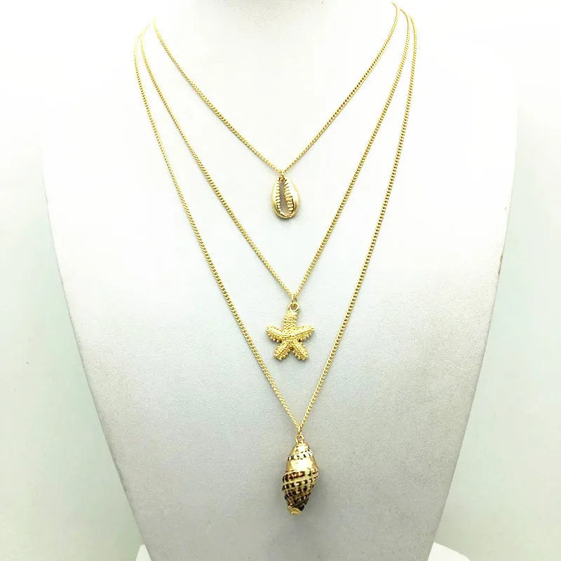New Design Beach Charm Bohemian Necklace Jewelry Multilayer Gold Chain Conch Shells Starfish Necklace for Women