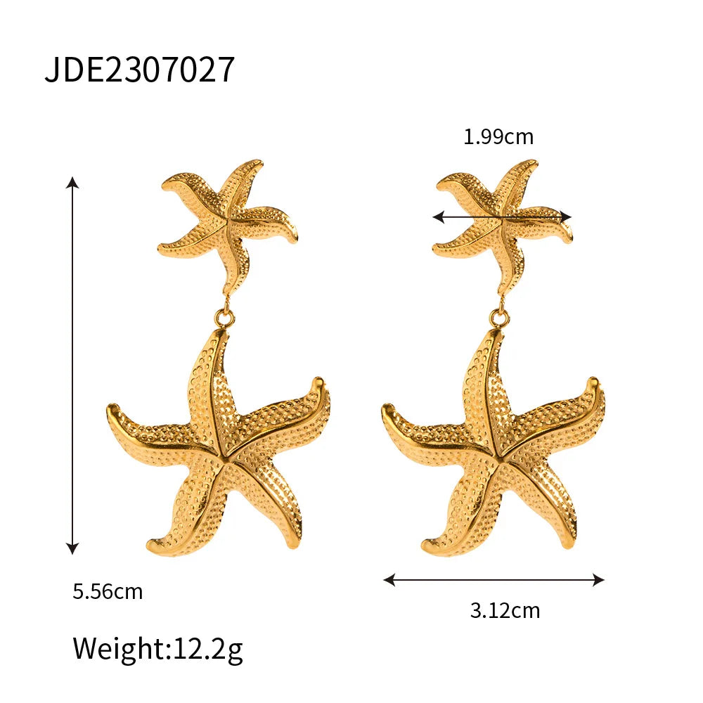 New Arrival Summer Design Stainless Steel 18K Gold Earring Textured Shell Starfish Stud Earrings Set