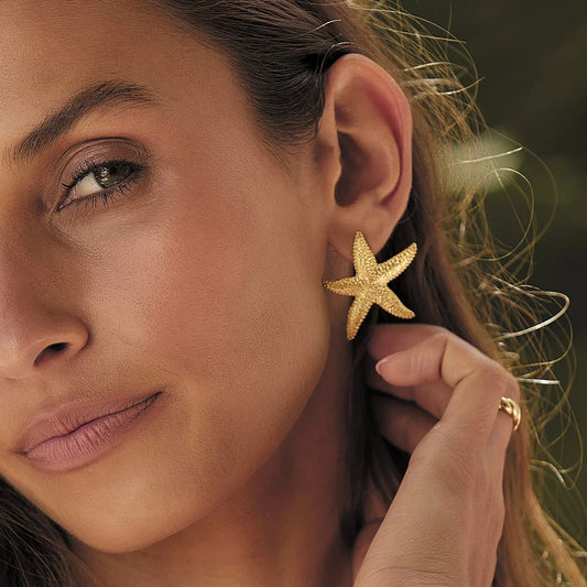 New Arrival Summer Design Stainless Steel 18K Gold Earring Textured Shell Starfish Stud Earrings Set