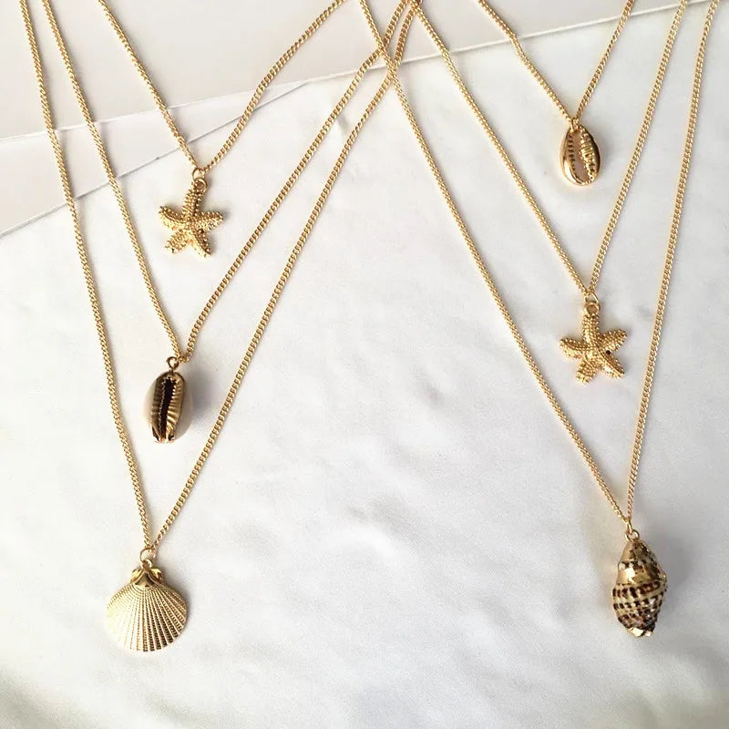 New Design Beach Charm Bohemian Necklace Jewelry Multilayer Gold Chain Conch Shells Starfish Necklace for Women