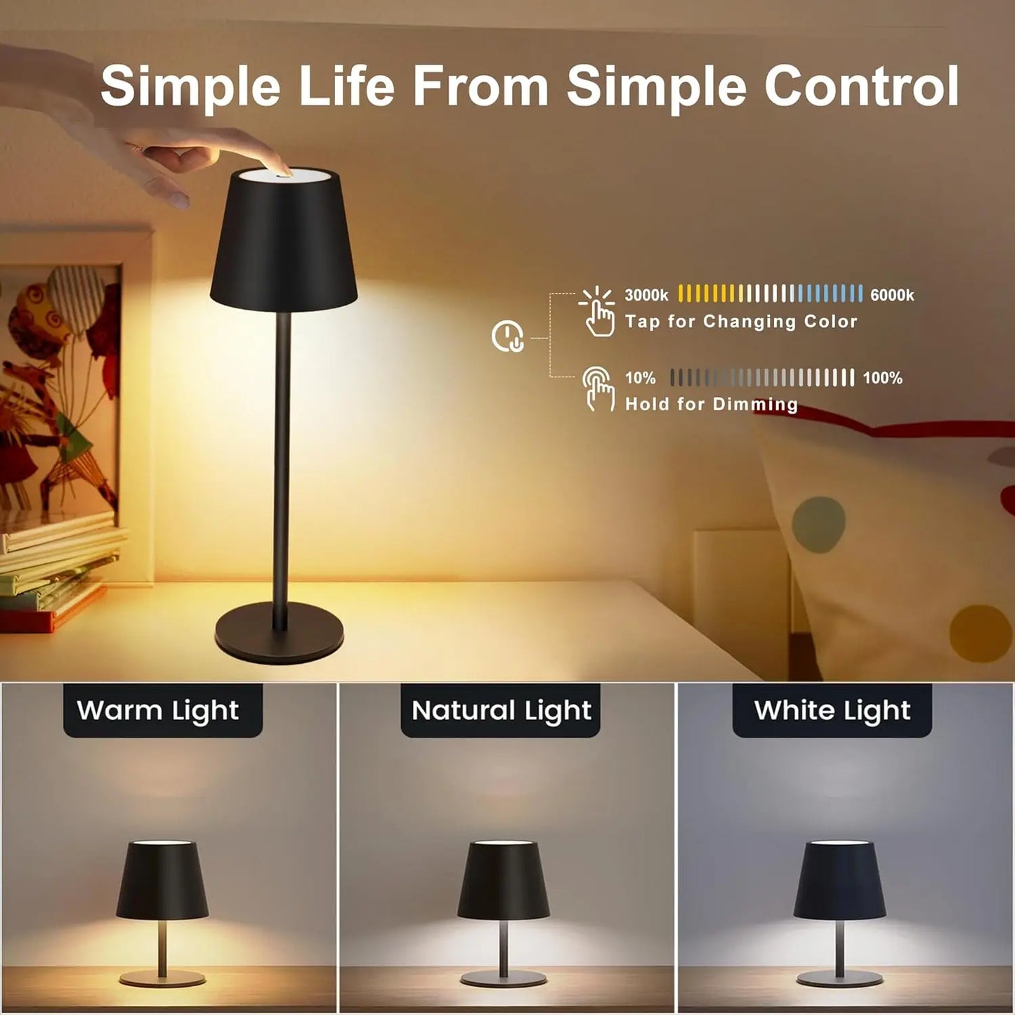 LED Desk Lamp Touch Switch Table Lights Rechargeable 3 Colors Dimmable For Bedroom Living Room Bar Dinner Reading Lighting
