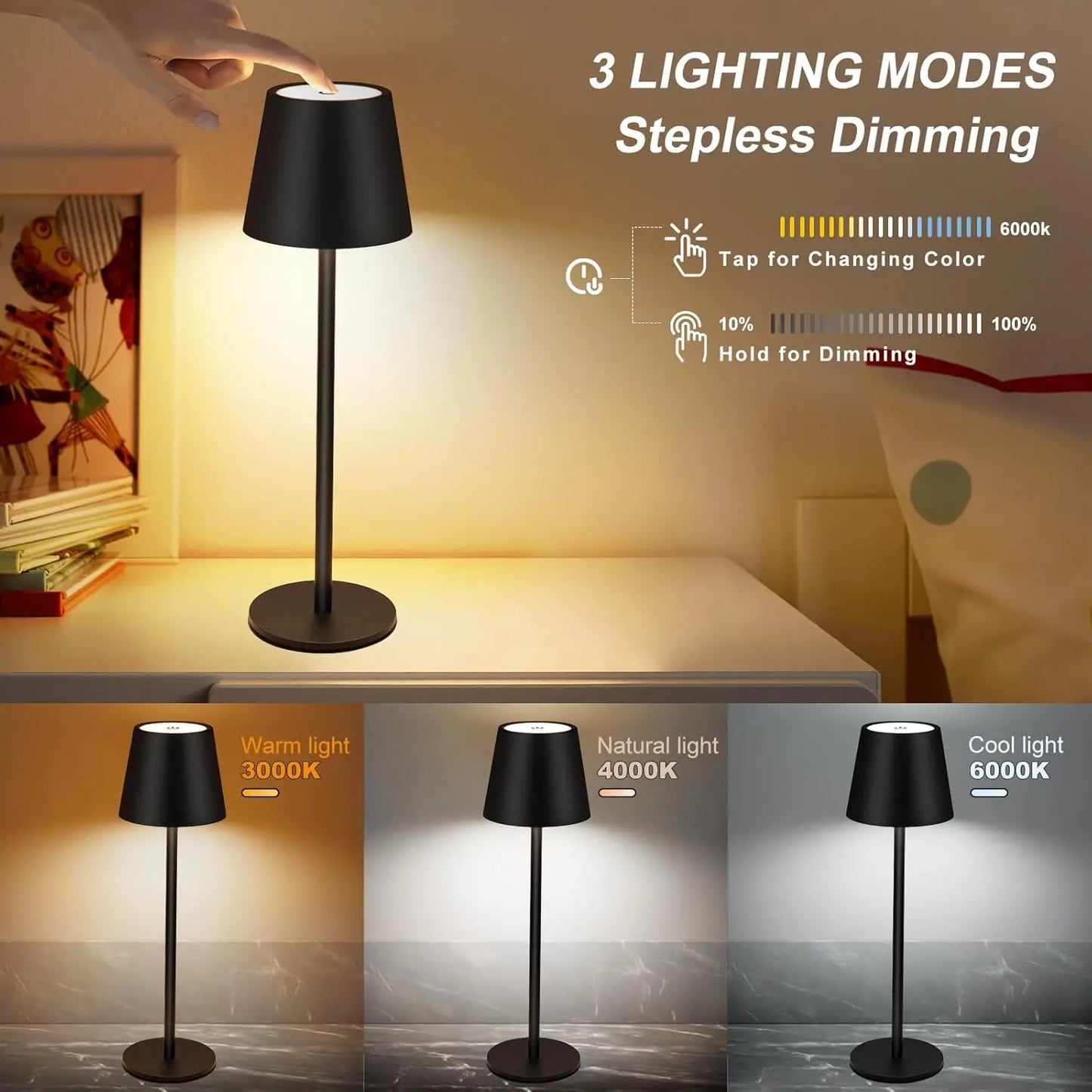 LED Desk Lamp Touch Switch Table Lights Rechargeable 3 Colors Dimmable For Bedroom Living Room Bar Dinner Reading Lighting