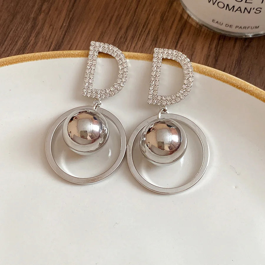 Letter D Earrings For Women Shiny Zircon Stud Earrings Light Luxury European and American Earrings Party Wedding Jewelry Gifts