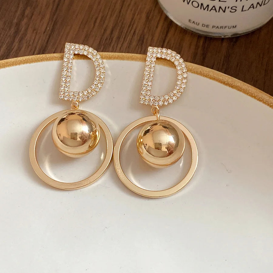 Letter D Earrings For Women Shiny Zircon Stud Earrings Light Luxury European and American Earrings Party Wedding Jewelry Gifts