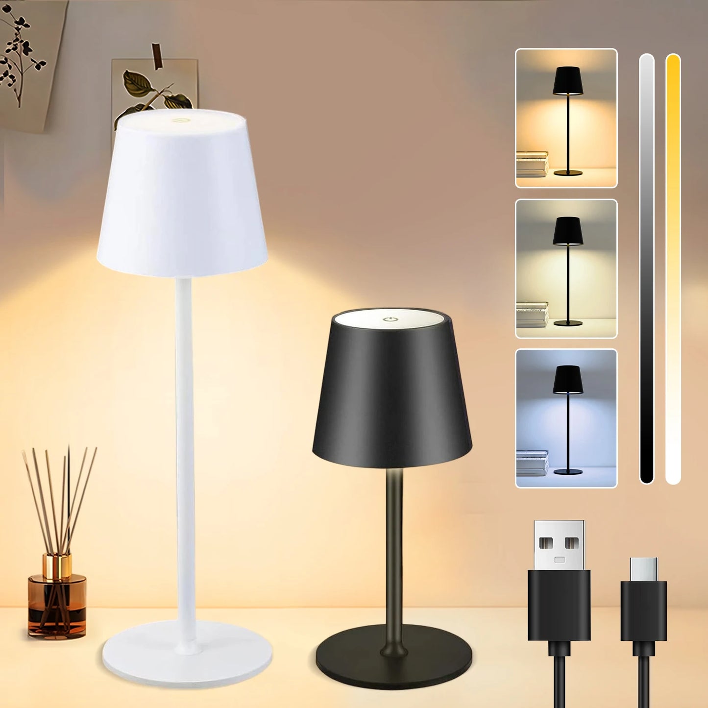 LED Desk Lamp Touch Switch Table Lights Rechargeable 3 Colors Dimmable For Bedroom Living Room Bar Dinner Reading Lighting